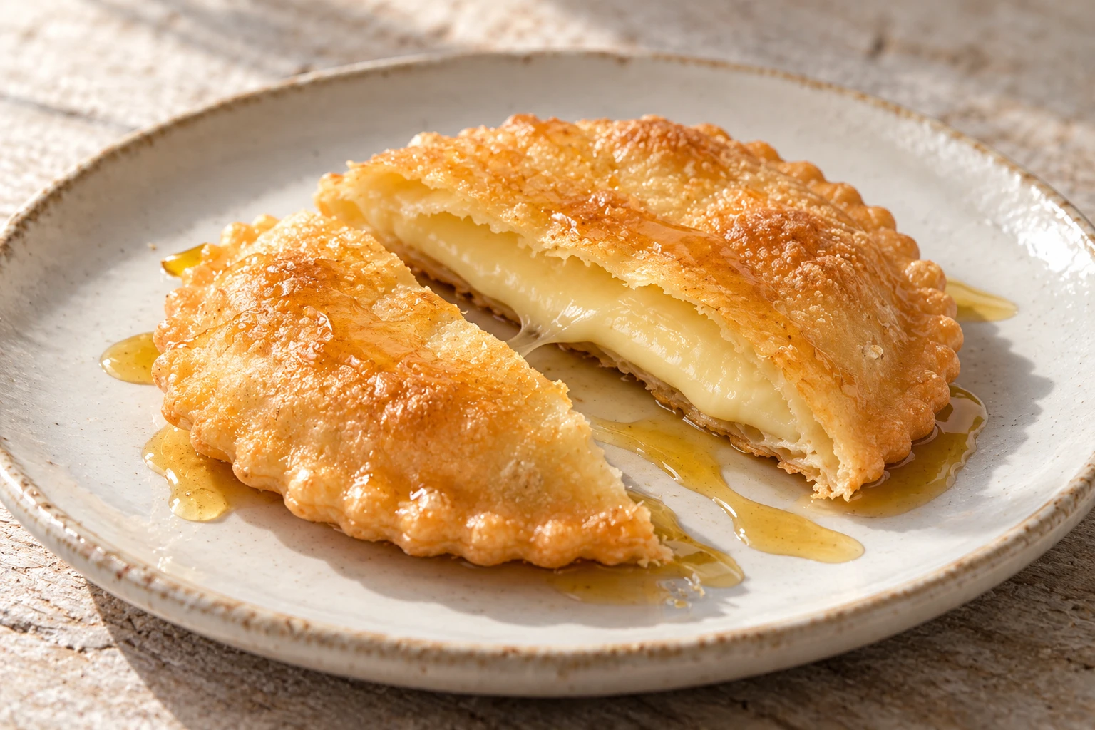 A golden seada cut open to reveal melted pecorino, drizzled with honey.