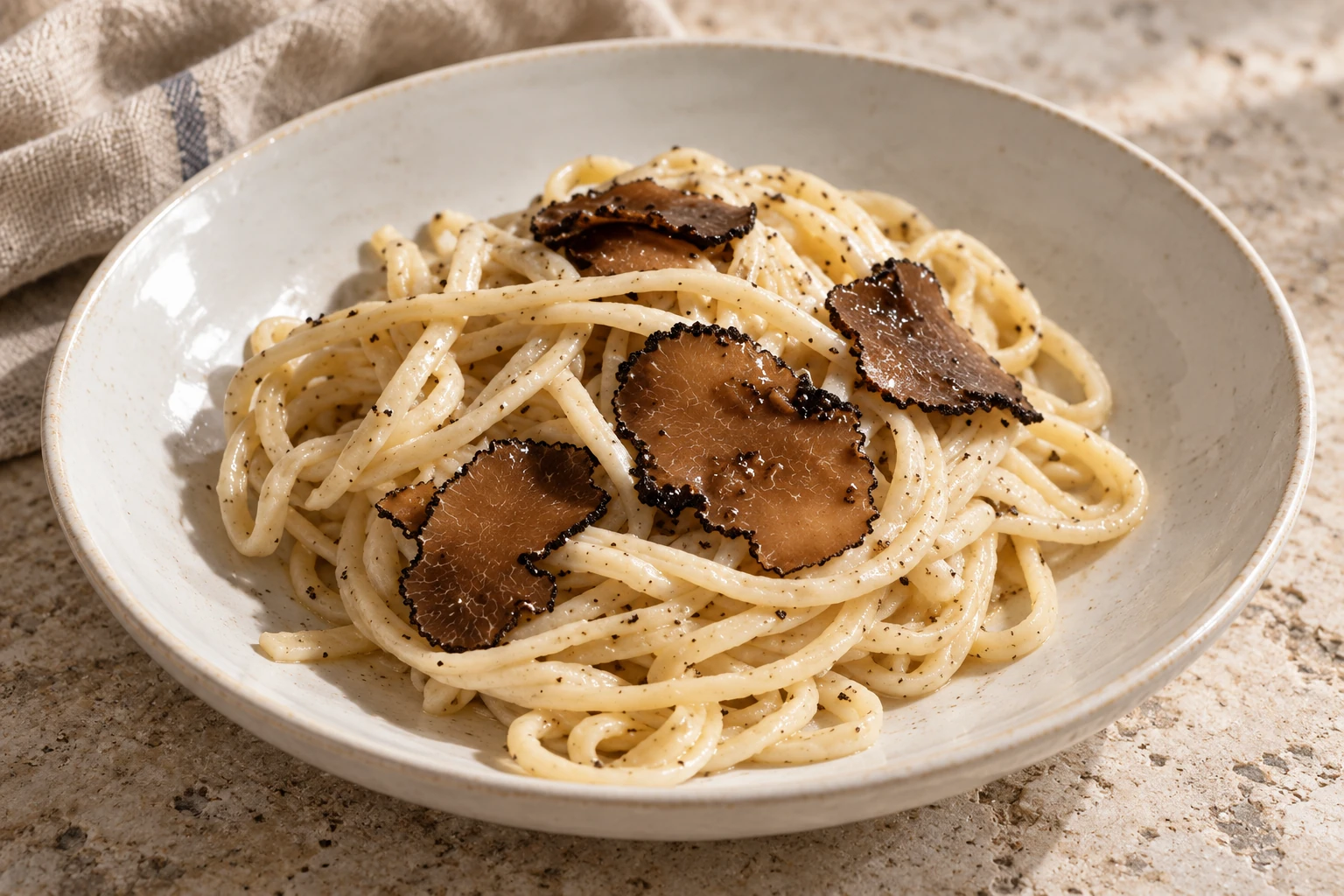 Long strangozzi lightly dressed with black truffle and thin truffle shavings.