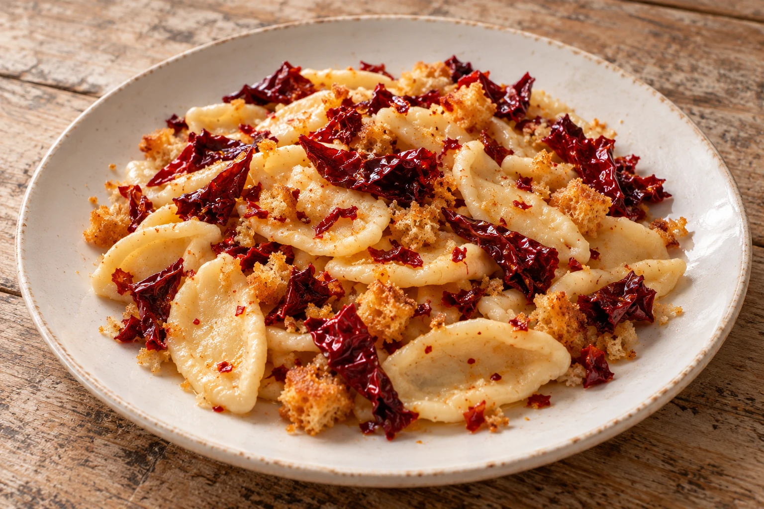 Hand-shaped strascinati with crisp dried red peppers and coarse toasted breadcrumbs.