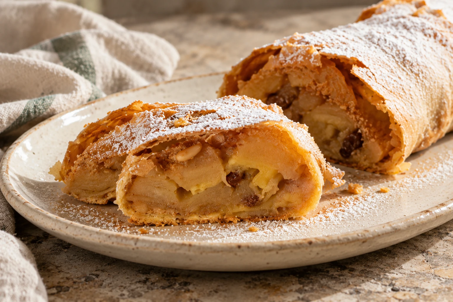 Thin-crusted apple strudel with raisins, pine nuts and a dusting of icing sugar.
