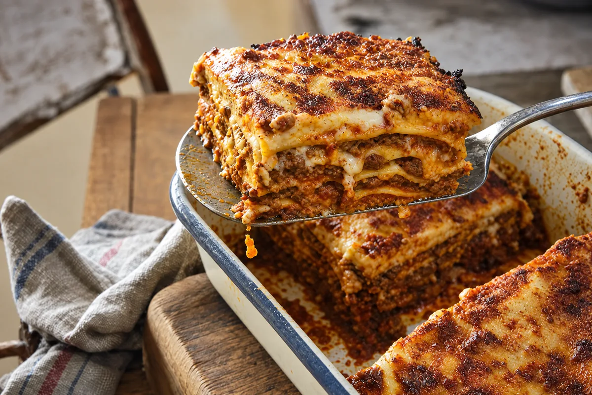 Vincisgrassi lifted from an enamel baking dish on a worn spatula, the burnished square showing dark ragu and besciamella layers, corner crust trailing.