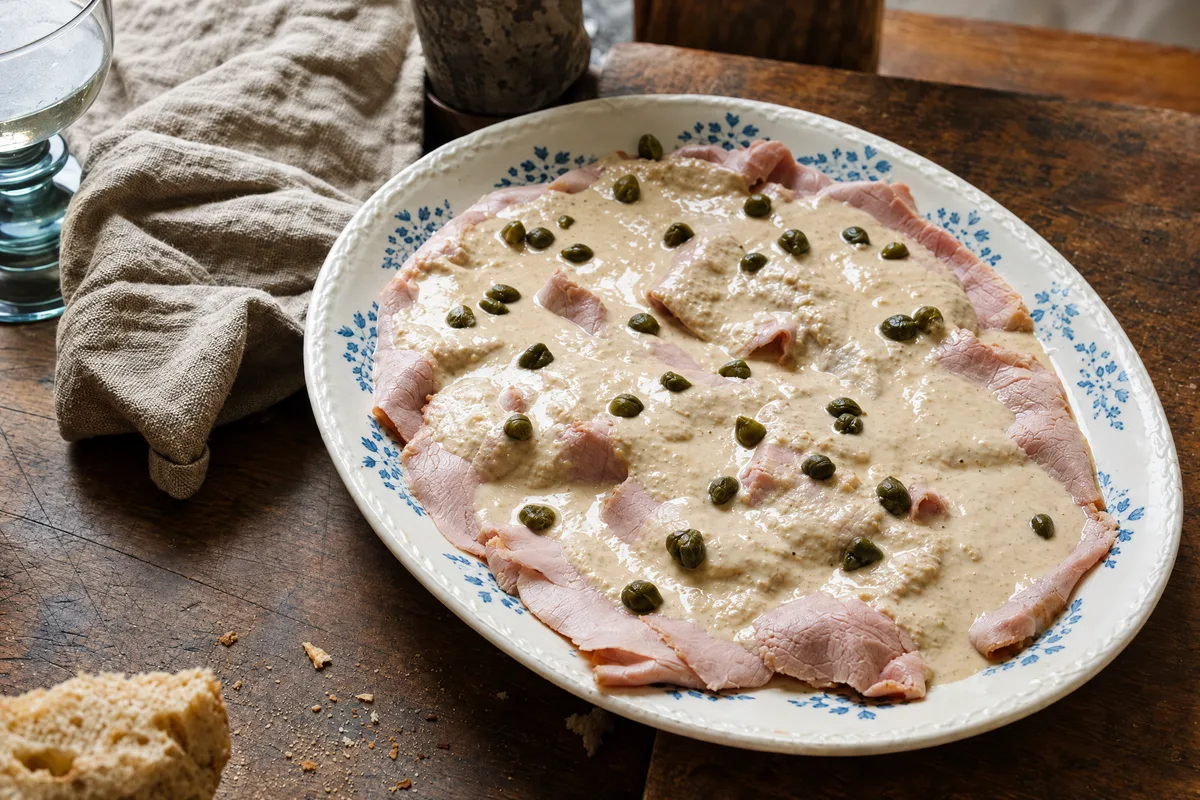 Vitello tonnato on a patterned oval platter, rosy slices of veal under a pale tuna sauce scattered with capers, rumpled linen and worn wood beside.