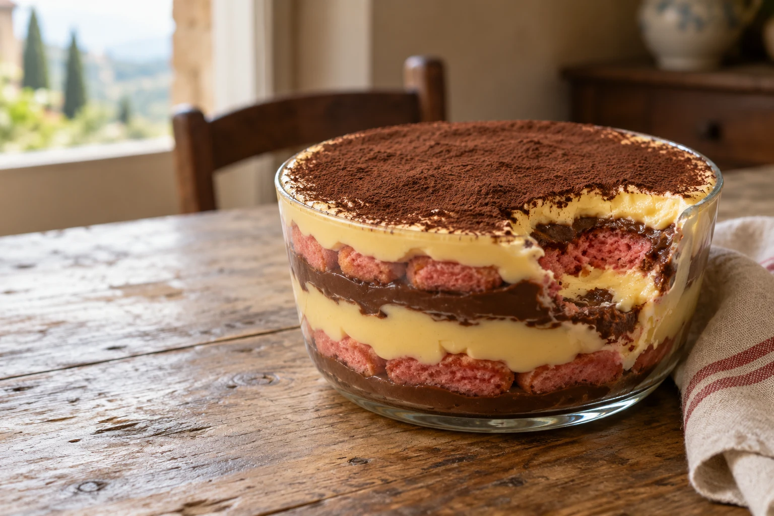 Zuppa inglese with custard, chocolate cream and pink savoiardi in a glass bowl